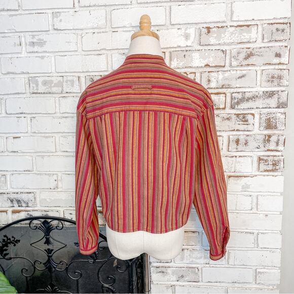 Vintage 90s Liz Wear Petite Red Metallic Gold Multi Stripe Linen Long Sleeve Top - Picture 8 of 11